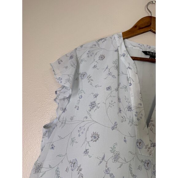 Lauren Ralph Lauren Blue Floral Blouse Womens Sz XL Flutter Sleeve V Neck - Picture 2 of 7